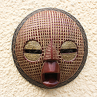 African wood mask, 'Edudzi' - Embossed Brass and Wood Round African Mask