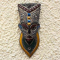 African wood and aluminum mask, 'Sarrki I' - Colorful Wood and Aluminum African Mask