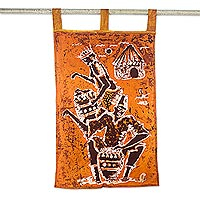 Cotton batik wall hanging, 'Drummers' - Orange Batik Wall Hanging of African Drummers