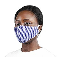 Cotton face mask, 'Gingham Blue' - Blue & White Cotton Gingham 2-Layer Elastic Loop Face Mask