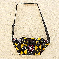 Cotton waist bag, 'African Geometry' - West African Zippered Waist Bag Adjustable Strap
