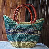 Raffia and leather shopping basket, 'Nutifafa' - Handmade African Raffia Shopping Basket