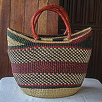 Raffia and leather shopping basket, 'Eban' - Colorful Hand Woven Raffia Basket Bag from Ghana