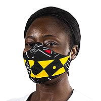 Cotton face mask, 'Bold Geometry' - Geometric African Print Red & Yellow Cotton Face Mask