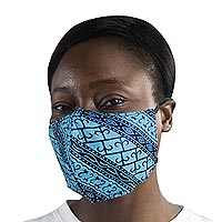 Family set cotton face masks, 'Blue Gatekeeper' (pair) - 2 Ornate Blue African Print Cotton Tie-On Family Pack Masks