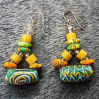 Recycled glass bead dangle earrings, 'Colorful Aseda' - Recycled Glass Bead Dangle Earrings