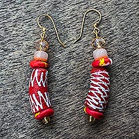 Recycled glass bead earrings, 'Firecracker' - Handcrafted Recycled Glass Beaded Dangle Earrings