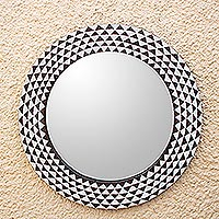 Wood wall mirror, 'Graceful Reflection in Brown' (23 inch) - Round Sese Wood Mirror Triangle Motif (23 Inch)