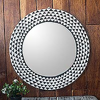 Wood wall mirror, 'Graceful Reflection in Black' (22 inch) - Round Sese Wood Mirror Triangle Motif 22 Inch