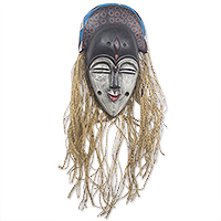 African wood mask, 'Teke' - Hand Carved African Sese Wood and Raffia Mask