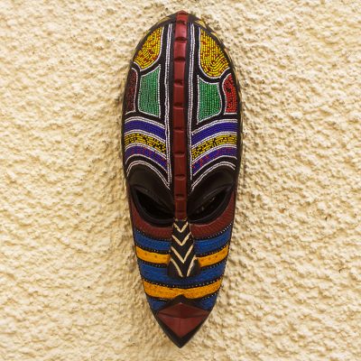 African wood mask, 'Adebayo' - Sese Wood and Recycled Glass Beaded Mask
