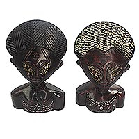 Wood statuettes, 'Osuaberema' (pair) - Sese Wood and Aluminum Plated Statuettes (Pair)