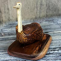 Mahogany wood sculpture, 'Ostrich Feathers' - Hand Carved Bone and Mahogany Wood Ostrich Sculpture
