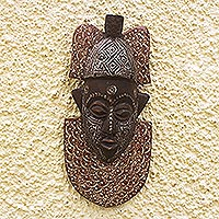African wood mask, 'Odo Nsa' - African Wood Mask with Aluminum Plate Detail