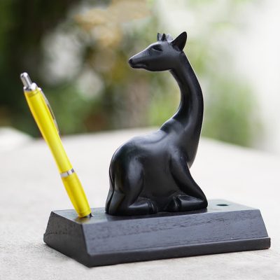 Teak wood pen holder, 'Giraffe Scribe' - Handmade Teak Wood Giraffe Pen Holder