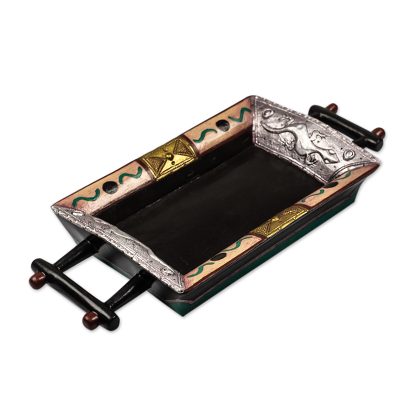 Decorative wood tray, 'Carry Me' - Sese Wood and Brass Plated Serving Tray