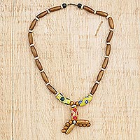Wood beaded pendant necklace, 'Nice Dream' - Eco-Friendly Sese Wood Beaded Pendant Necklace