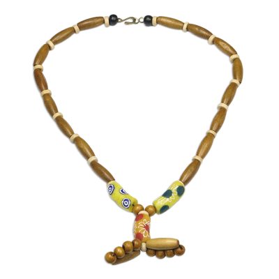 Wood beaded pendant necklace, 'Nice Dream' - Eco-Friendly Sese Wood Beaded Pendant Necklace