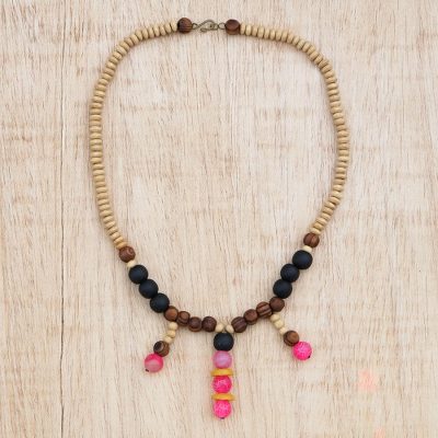 Wood beaded waterfall necklace, 'Holy Waterfall' - Sese Wood and Recycled Glass Bead Waterfall Necklace