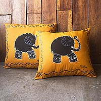 Cotton cushion covers, 'Marigold Elephant' (pair) - Orange Cotton Elephant-Motif Cushion Covers (Pair)