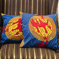 Cotton cushion covers, 'Royal Birds' (pair) - Bird-Motif Cotton Cushion Covers (Pair)