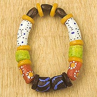 Wood and recycled glass beaded stretch bracelet, 'Rainbow Slick' - Multicolored Beaded Stretch Bracelet from Ghana