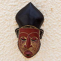 African wood mask, 'Bishop's Hat' - Sese Wood and Aluminum Plated Mask from Ghana