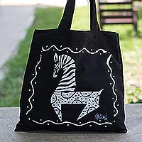 Cotton tote bag, 'Dancing Zebra in Black' - Black Cotton Zebra-Motif Tote Bag