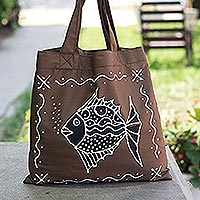 Cotton tote bag, 'Blowing Bubbles in Brown' - Brown Cotton Fish-Motif Tote Bag