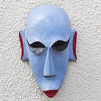 African wood mask, 'Blue Courage' - Blue and Red African Sese Wood Mask