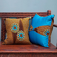 Cotton cushion covers, 'Love and Peace' (pair) - 2 Cotton and Silk Cushion Covers Handmade in Ghana