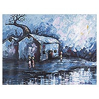 'The Blue Sky' - Unstretched Impressionist Painting of Ghanaian Village