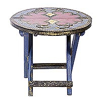 Wood and aluminum folding table, 'Blue Flamingo' - Handcrafted Blue Flamingo Sese Wood Folding Table