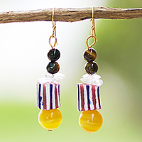 Glass beaded dangle earrings, 'Precious Feline' - Eco-Friendly Glass Beaded Dangle Earrings from Ghana