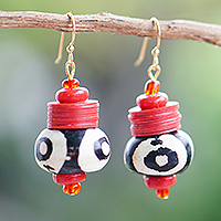 Recycled glass dangle earrings, 'Yawa' - Handmade Recycled Glass Dangle Earrings in Red White & Black