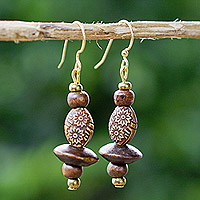 Wood beaded dangle earrings, 'Wooden Garden' - Floral Sese Wood Beaded Dangle Earrings from Ghana