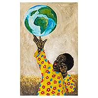 'Touching World Peace' - Acrylic Painting of Child and Globe Symbolizing World Peace