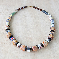 Recycled plastic and wood beaded necklace, 'Fortune Blooms' - Eco-Friendly Floral Sese Wood Beaded Necklace from Ghana