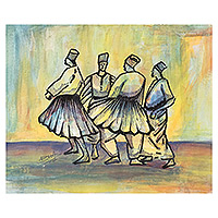 'Happy Mood III' - Signed Stretched Acrylic and Ink Painting of Dancing Group