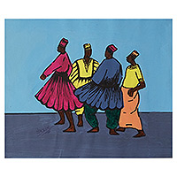 'Happy Mood I' - Stretched Acrylic and Marker Painting of Dancing Group