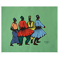 'Happy Mood II' - Signed Stretched Colorful Acrylic Painting of Dancing Group