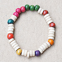 Wood beaded stretch bracelet, 'Joyful People' - Handcrafted Colorful Sese Wood Beaded Stretch Bracelet