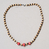Wood and recycled glass beaded necklace, 'Fearless Red' - Eco-Friendly Sese Wood and Recycled Glass Beaded Necklace