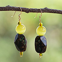 Cat's eye and recycled glass beaded dangle earrings, 'Imperial Yellow' - Cat's Eye Dangle Earrings with Recycled Glass Beads