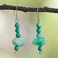 Recycled glass and agate beaded dangle earrings, 'Lagoon Energies' - Recycled Glass and Agate Beaded Dangle Earrings in Turquoise