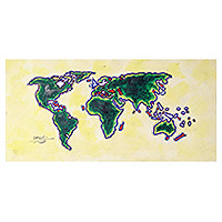 'Green World Map' - Stretched Impressionist Green Acrylic Painting of the World