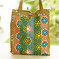 Cotton tote bag, 'Summer Lady' - Handmade Patterned Yellow and Green Cotton Tote Bag