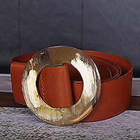 Leather belt, 'Distinct in Tan' - Tan Leather Belt with Aya Adinkra Symbol from Ghana