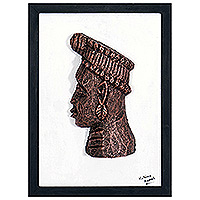 Ceramic and wood relief wall art, 'Bronze Head from Ife' - Ceramic and Wood Relief Wall Art of Nigerian Ife Head