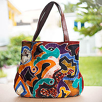 Batik leather-accented cotton tote bag, 'Jolie' - Cotton Tote Bag with Batik Motifs and Leather Straps